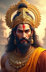 Obraz premium Realistic illustration portrait of Lord Hanuman. Hindu god deity with golden crown, jewelry. Traditional Indian religious art. Hanuman Jayanti celebration. Mythology culture concept.