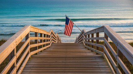 Scenic beach view with american flag on wooden boardwalk at sunrise