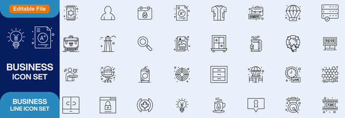 Business  line editable icon set. Containing seminar, presentation, meeting, whiteboard, conference, business plan and more. Vector illustration