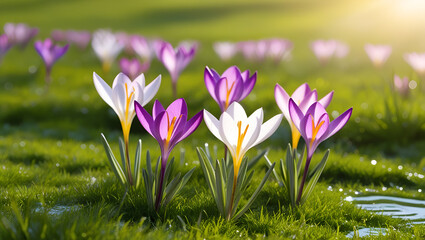 Close-up of beautiful spring crocuses with soft petals and bright hues in a garden setting