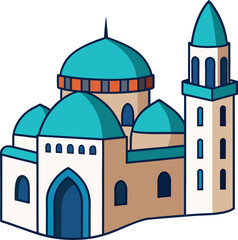 Pastel blue mosque illustration in cartoon decorative art style
