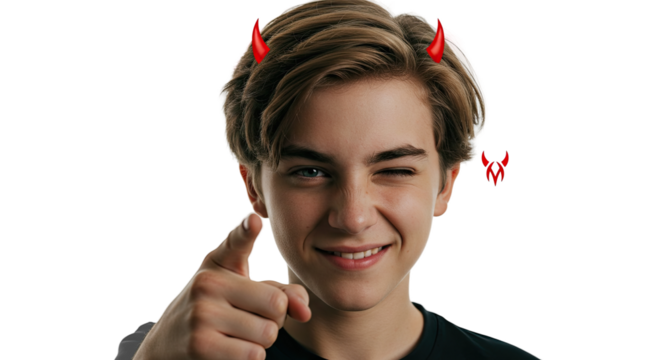 Smiling young man winking and pointing with red devil horns on a black background