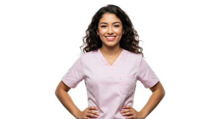 Smiling young woman in pink scrubs poses confidently with hands on hips