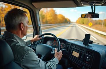 View from inside truck cab. Driver at the wheel on highway. Autumn landscape with yellow foliage. Modern semi-truck on road, logistic business concept. Transportation cargo by vehicle.