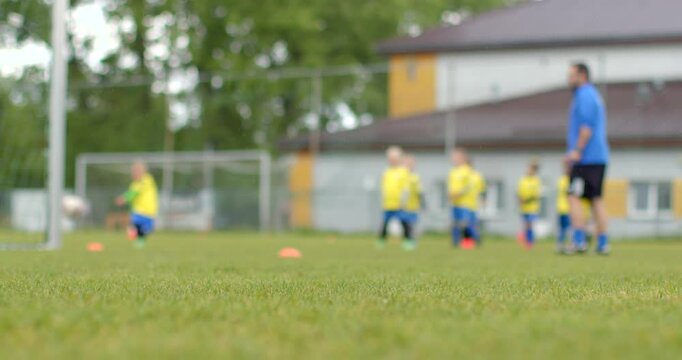 A group of children wearing bright yellow jerseys participates in an invigorating soccer training session, guided by adult supervision, on a lush green grass field full of excitement