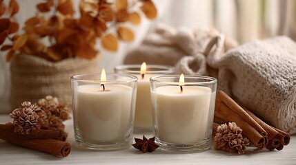 Cozy home decor candles cinnamon sticks autumn vibes relaxation aromatherapy spa aesthetic home fragrance