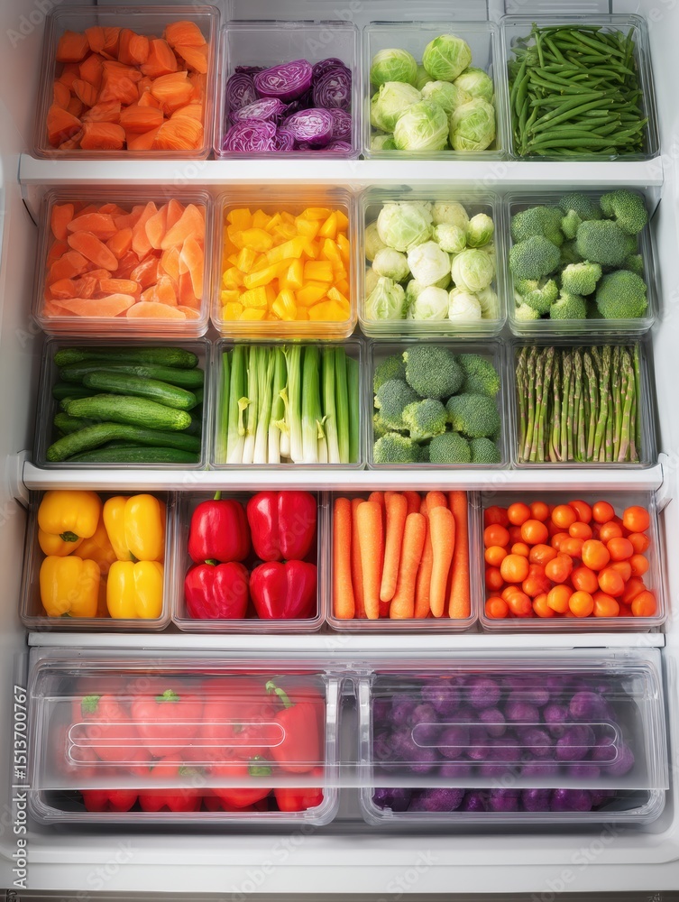 Poster open freezer drawer displays a vibrant assortment of colorful frozen vegetables and fruits neatly or