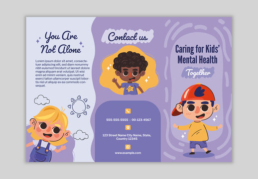 Purple And Yellow Kids Mental Health Support Brochure Template

