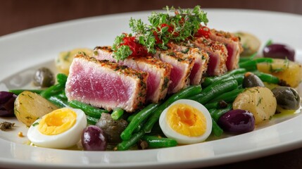 Gourmet Seared Tuna Steak with Green Beans Olives and Hard Boiled Eggs on White Plate in Elegant Setting
