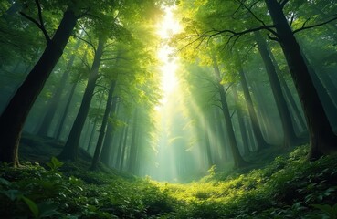 Fototapeta premium Sunlight filters dense foliage, trees. Green forest landscape, wood with rich vegetation, plants, botany. Nature scenery in woodland, jungle. Environment friendly background.