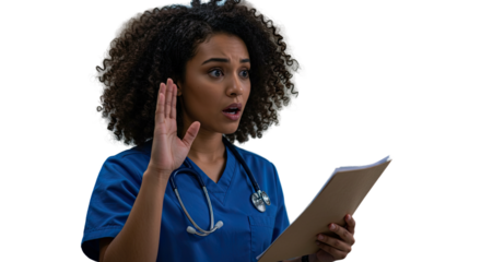 Surprised nurse listening intently while holding medical records and stethoscope