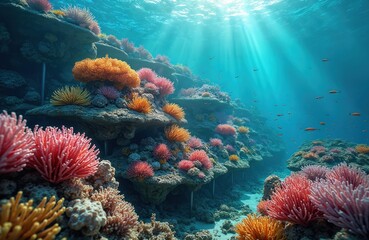 Obraz premium Underwater scene of vibrant coral reef nurseries with diverse marine life. Colorful coral colonies thrive in fixed sea bottom structures. Environmental protection concept biodiversity conservation.