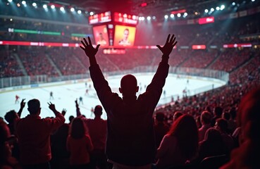 Hockey game in packed stadium, fans cheer, arms raised. People enjoy hockey match, support favorite team, celebrate victory. Night game, exciting atmosphere, hockey fans in stands, blurred background.