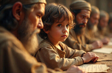 Young Jesus listens elders in temple. Religious scene with child attentively studying scriptures. Spiritual education, biblical faith, historical event, teaching, learning, faith, wisdom.
