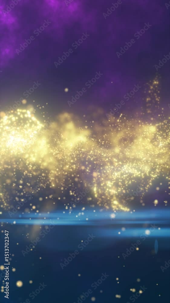 Poster abstract field of golden particles floating across a purple and blue cosmic background, creating a d