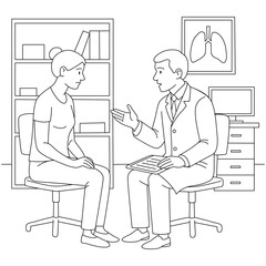 Doctor consulting a female patient in a medical office. Hand-drawn black and white line art illustration, healthcare and communication concept, modern clinical environment