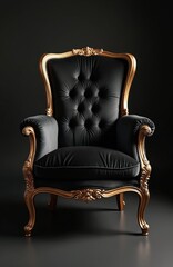 Luxury black armchair with golden armrests against black background. Classic design for living room, home decor. Comfortable with elegant ornate details, vintage style furniture piece. Interior