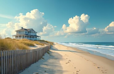Coastal home Outer Banks North Carolina scenic view. Beach house oceanfront property, vacation, travel destination. Wooden fence, sand dune, sea water waves, cloudscape, blue sky. Perfect holiday