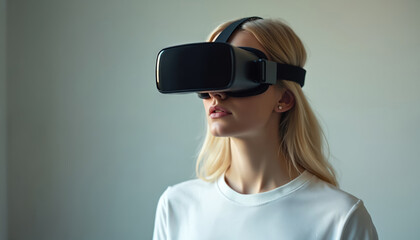 Fototapeta premium Blonde woman in white t-shirt wears black virtual reality headset. Modern tech immersive experience. Person uses VR goggles for entertainment, gaming, education. Future technology.