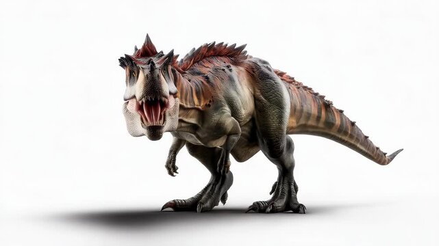 Large theropod dinosaur with brow ridges, horns, scales, and a long tail poses on a clean white studio background.