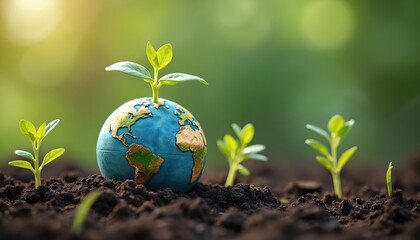 Earth globe growing green plant. Concept eco friendly approach for environment, sustainable development, green energy, climate change, eco conscious lifestyle, renewable resources. Global net zero