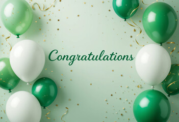 Festive Green and White Balloons with "Congratulations" Text and Confetti