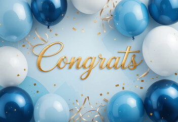 Cheerful Blue and White Balloons with "Congrats" Text and Confetti