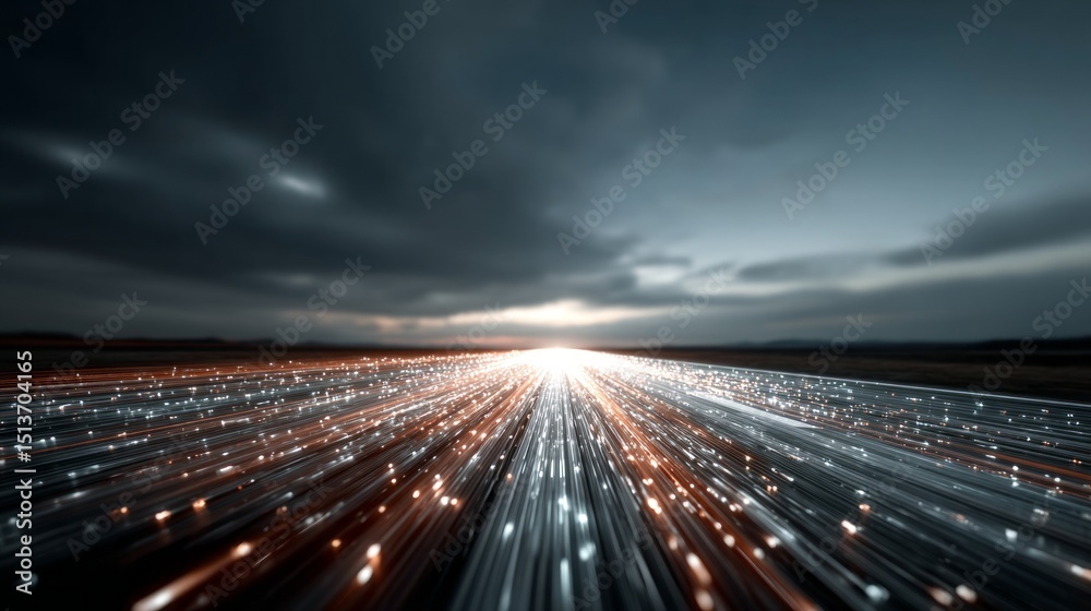 Poster this visual displays a vibrant representation of digital data flowing along a road during twilight