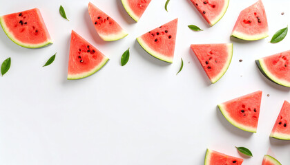Fresh sliced watermelons neatly arranged on a clean white background for a vibrant, juicy, and refreshing summer fruit display