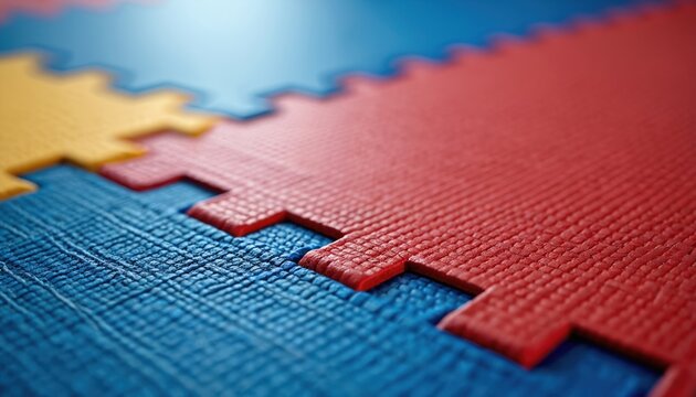 Close-up judo karate mats background with red blue yellow colors. Texture details of tatami sport flooring. Martial arts background for dojo gym fitness activities. Colorful pattern.