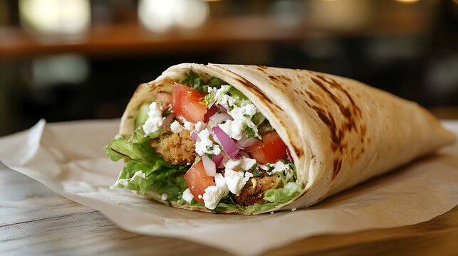 Falafel wrap with onion feta tomato and lettuce on wooden tables