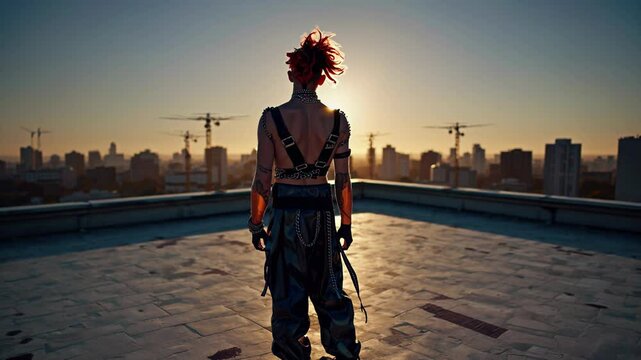 Edgy person with red mohawk standing on rooftop at sunrise overlooking city skyline

