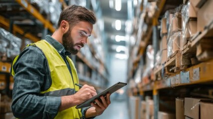 Warehouse Inspector Checking Inventory: A focused inspector reviews inventory using a tablet, surrounded by towering shelves packed with goods. The scene encapsulates efficiency, diligence. - Powered by Adobe