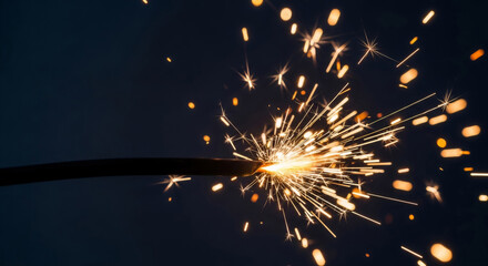 Bright sparks flying from a burning fuse or electric cable. Energy ignition concept for city electric system. Burst of power.