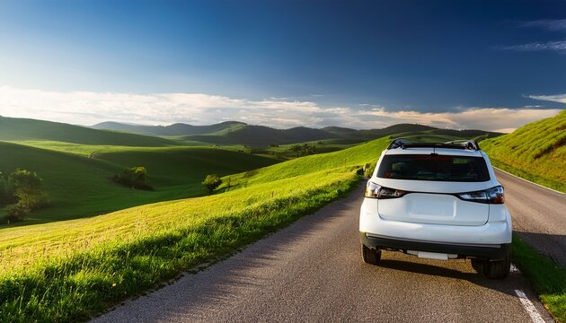 white suv driving on a scenic road with rolling green hills in the background