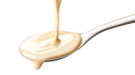 Sweetened Condensed Milk Pouring from Spoons, Isolated on White Background, Food Photography, Culinary Image, Condensed milk, Sweetener, Dessert