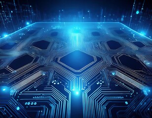 blue innovation circuit board with data connections illustrating modern technology
