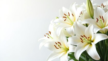 Fototapeta premium Close-up of snow-white lily flowers. Spring Easter floral design with copy space. Fresh blooming lilies, elegant purity for wedding decor, church, funeral or anniversary.