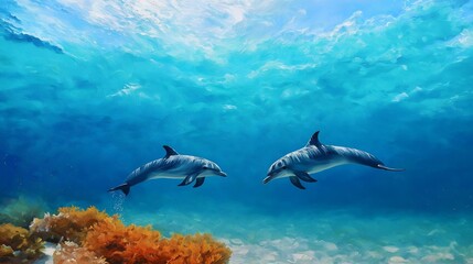 Fototapeta premium Underwater scene of two dolphins swimming in the ocean. the dolphins are facing each other and appear to be in mid-jump.