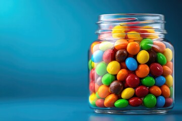 Colorful candies in a glass jar.