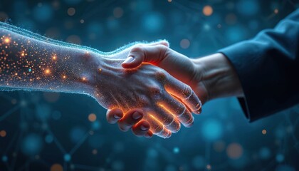 Handshake between human virtual forms. Glowing digital particles merge, forming agreement connection online. Business deal concept with data, innovation, technology. Represents partnership,