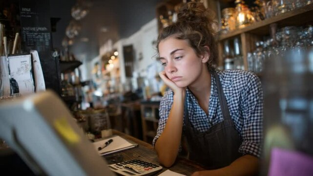 Weariness in Service: A candid depiction of a cafe worker, leaning against a counter, exhibiting a somber expression amid a blurred cafe setting. conveying fatigue and reflective isolation.