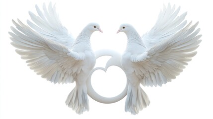 Obraz premium Two white doves in flight, centered on a white circle with a heart shape in the middle