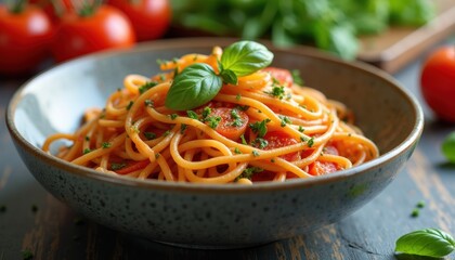 Bowl of vegetable spaghetti with tomatoes and herbs on side