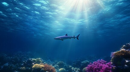 Obraz premium Underwater scene of a coral reef. the water is a deep blue color and the sunlight is shining through the water, creating a bright light that illuminates the scene.