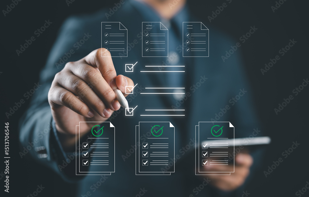 Poster Quality control checklist concept with inspector marking virtual QA QC task list. Suitable for manufacturing, audit, inspection, production process, and compliance documentation themes.