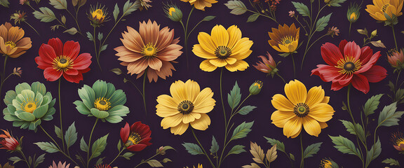 abstract artistic floral shapes in green, red, yellow and golden gradient blending colors in dark purple background seamless pattern style, equal wavy shape,outline lines between and around the shapes
