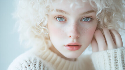 Fototapeta premium Close-up portrait of a young woman with fair skin, freckles, and curly white hair. She wears a soft sweater and has striking blue eyes, creating an ethereal look.