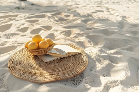 A serene beach scene featuring a woven basket of oranges beside an open book on sandy shores