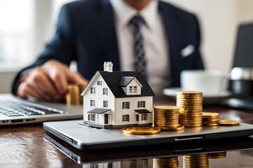 Businessman reviewing property investment with house model, coins, and digital tablet on desk

